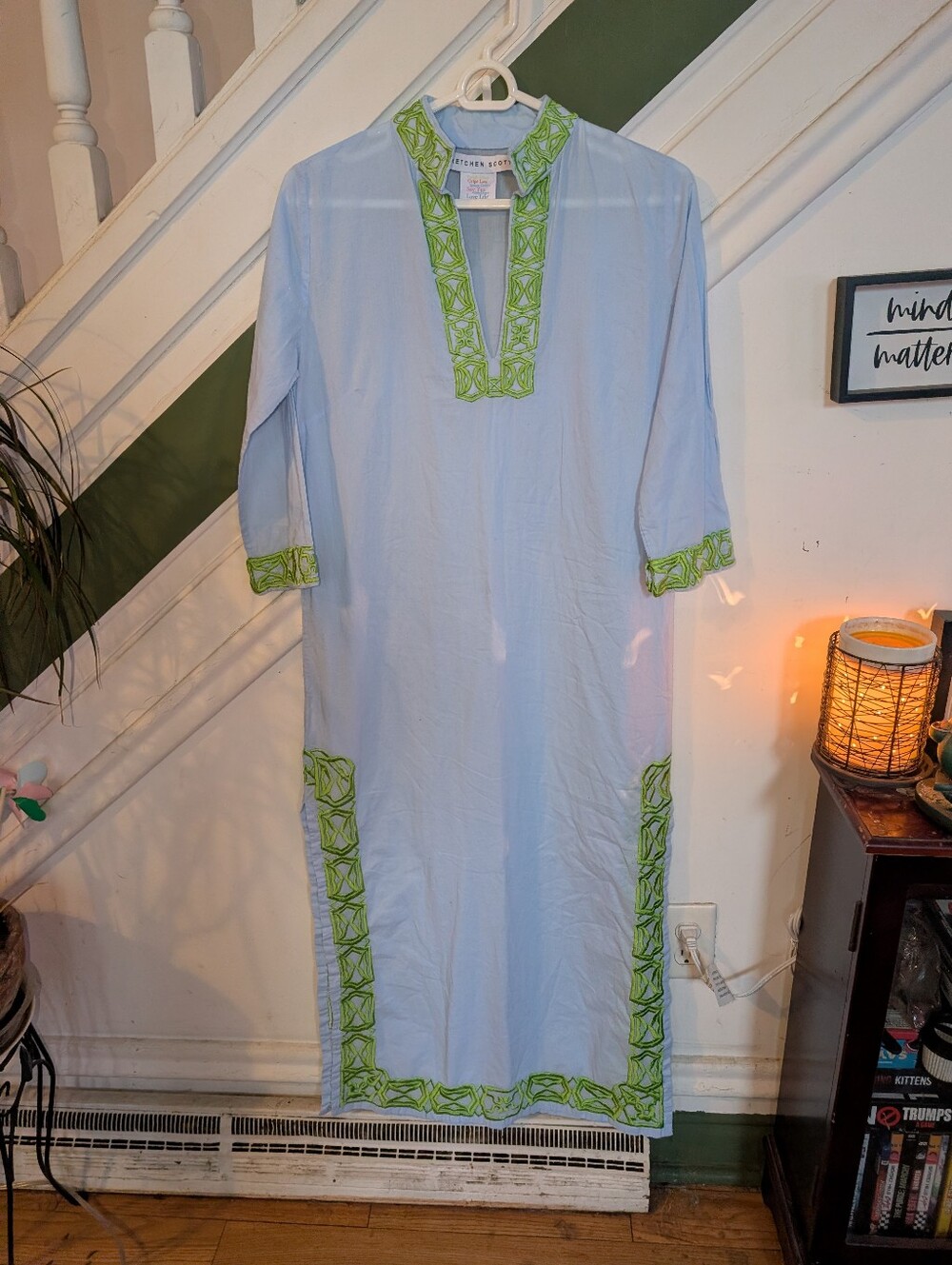 Gretchen Scott Curacao Maxi Dress Embroidered Periwinkle Lime Blue Sleeveless S
